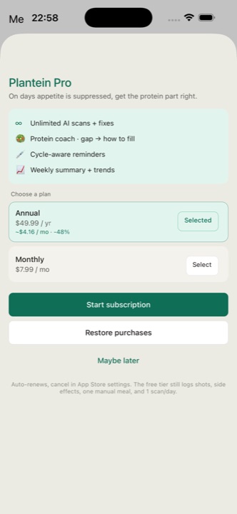 Plantein Pro paywall screen